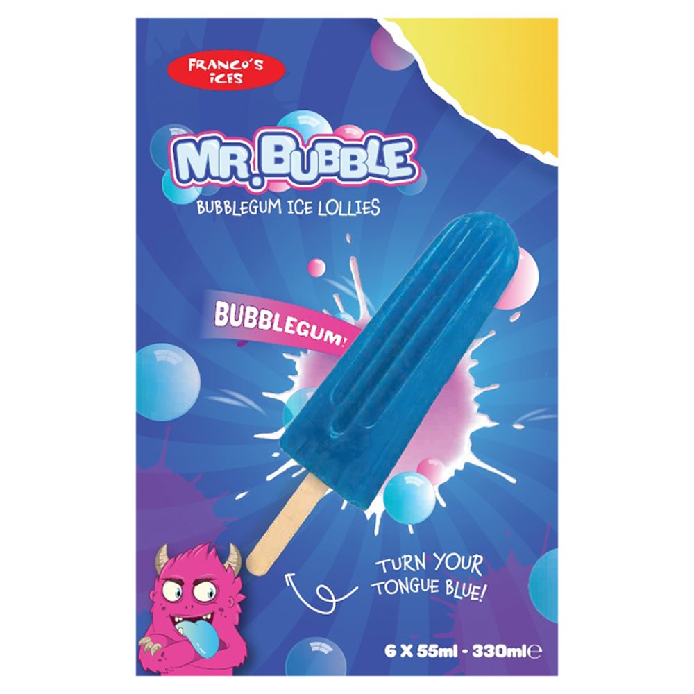 Franco's Ices Mr. Bubble Bubblegum Ice Lollies 6 x 55ml (330ml) PM £2.00