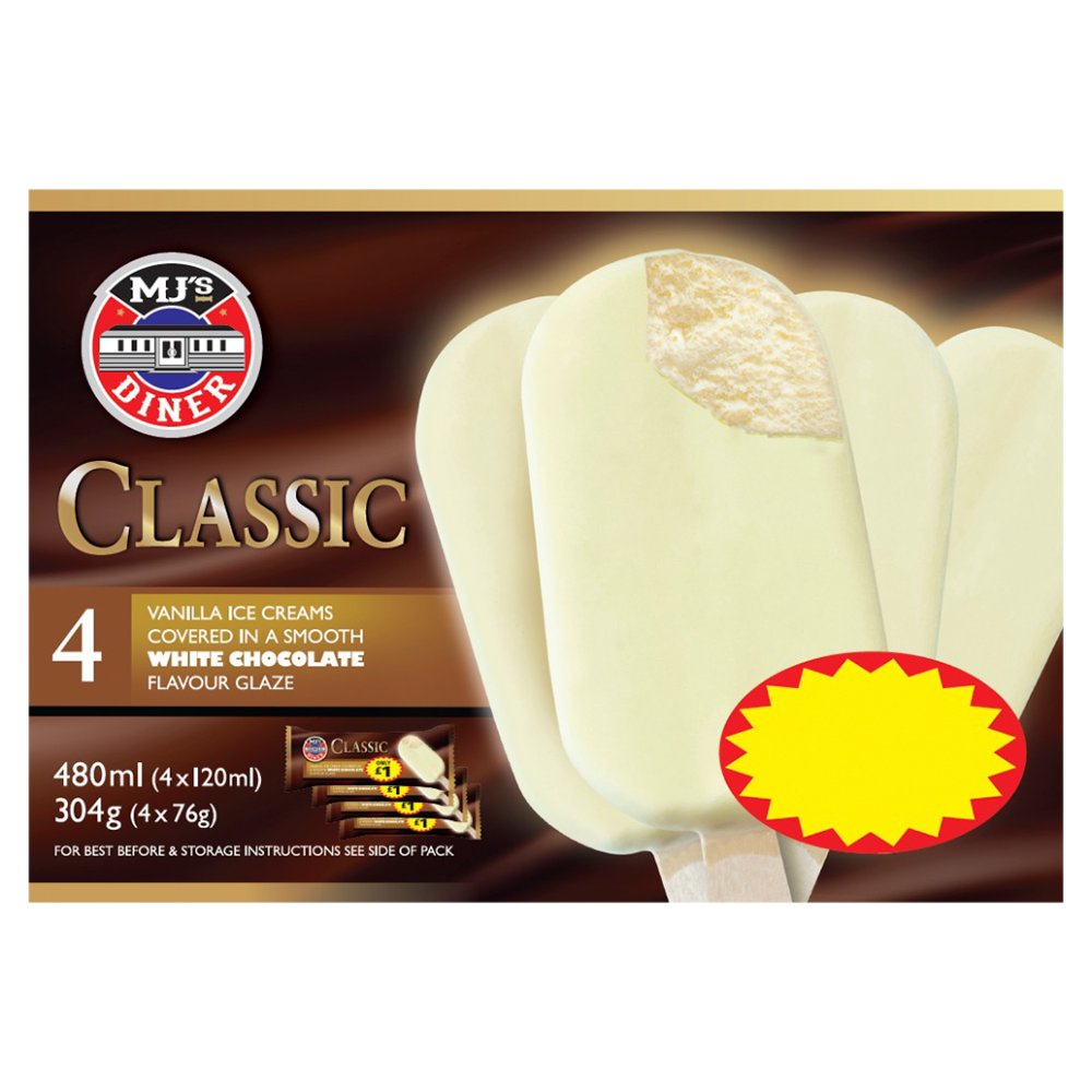 MJ's Diner Classic 4 Vanilla Ice Creams in a Smooth White Chocolate Flavour Glaze 304g (4x76g) PM £2.49