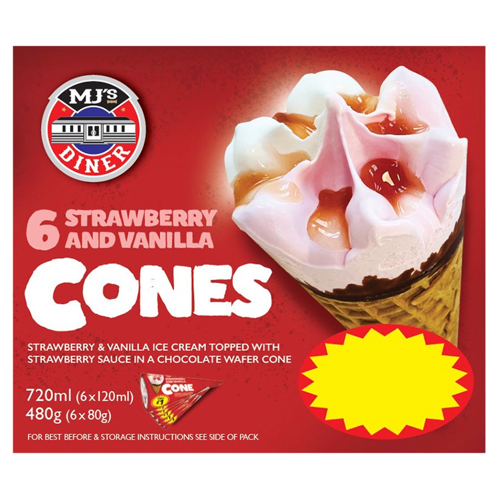 MJ's Diner Strawberry and Vanilla Cones 6 x 62g (372g) PM £2.99