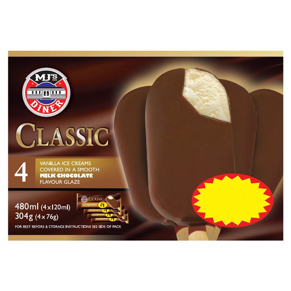 Mj's Diner Classic Vanilla Ice Creams Covered in a Smooth Milk Chocolate Flavour Glaze 4 x 76g PM £2.49