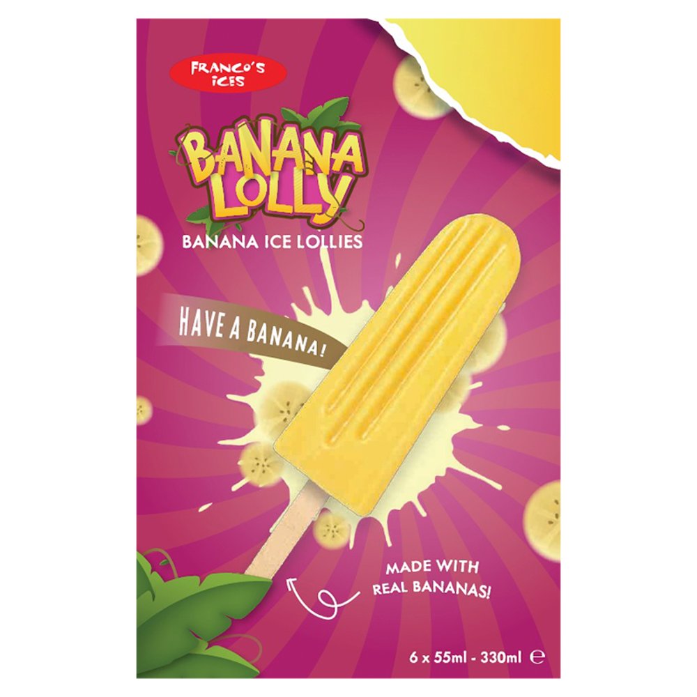 Franco's Ices Banana Lolly Banana Ice Lollies 6 x 55ml (330ml) PM £2.00